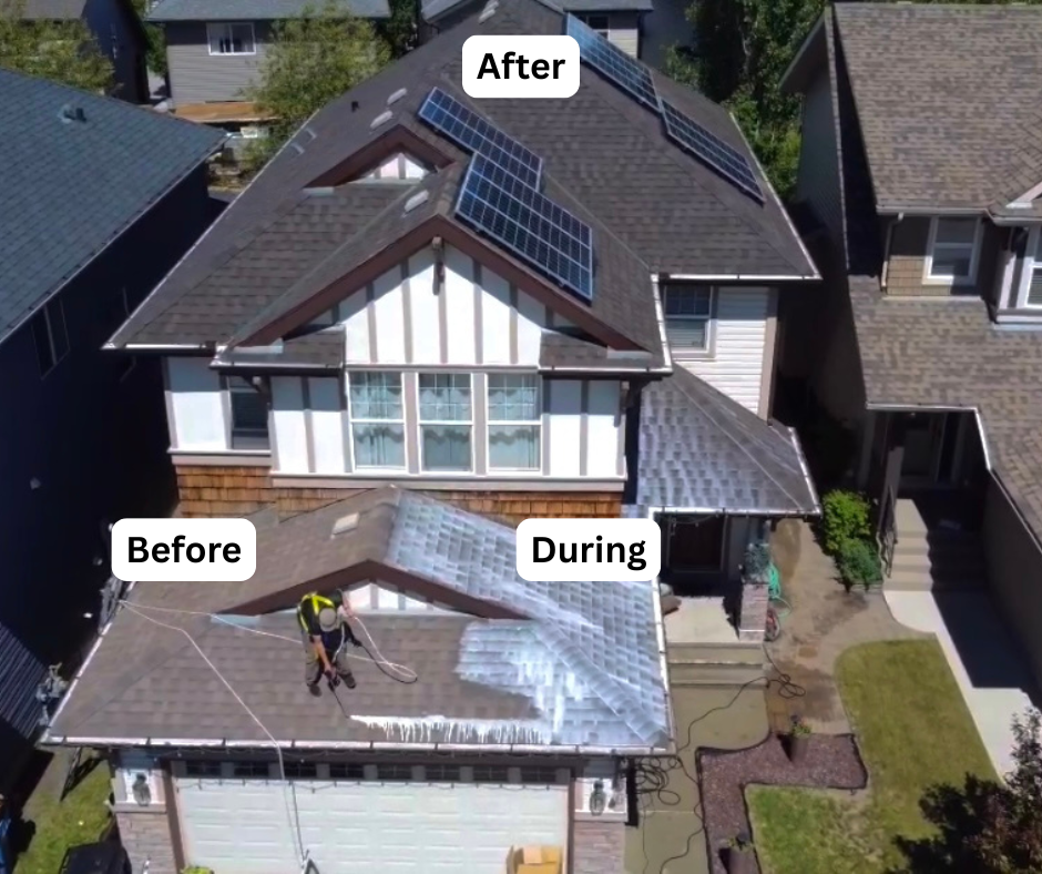 Supplied pitched-roof image with before, during, and after areas labeled